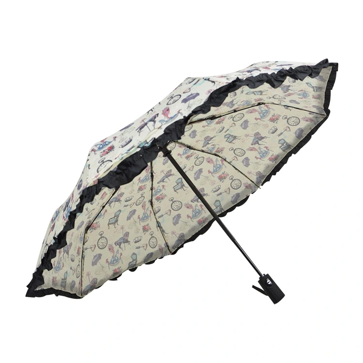 Tuulenpitävä 3 taittuva pitsinen sateenvarjo